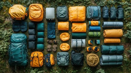 Fototapeta premium Aerial view of organized camping gear and backpacks on moss.