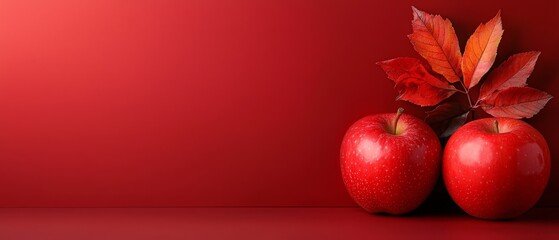 Two red apples sitting next to each other on a red surface