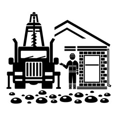Vector illustration, logo, icon of a car and a drilling rig. The construction industry. Isolated on a white background.	