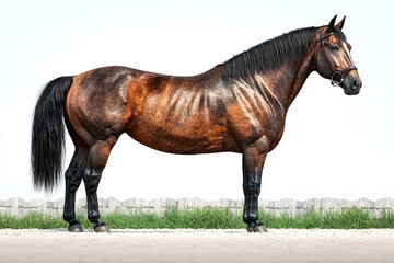 Obraz premium Majestic bay horse with refined coat standing elegantly on a sunny day