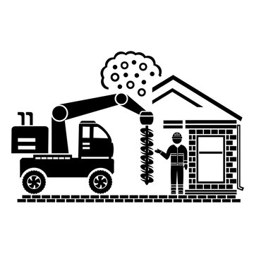 Vector illustration, logo, icon of a car and a drilling rig. The construction industry. Isolated on a white background.	