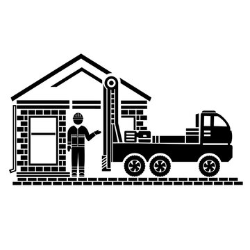 Vector illustration, logo, icon of a car and a drilling rig. The construction industry. Isolated on a white background.	