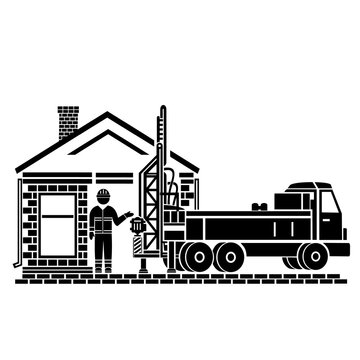 Vector illustration, logo, icon of a car and a drilling rig. The construction industry. Isolated on a white background.	