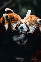 Fototapeta premium Two adorable red pandas gently nuzzle each other, showcasing their close bond. The intimate moment is set against a soft, blurred natural background, emphasizing love and connection.