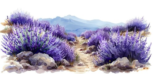 Fototapeta premium A watercolor-style lavender field with vibrant purple blooms, rocky terrain, and distant blue mountains under a soft, hazy sky, evoking a serene and artistic vibe.