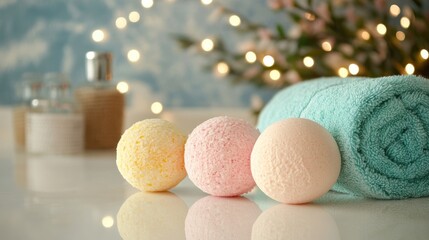 Obraz premium Luxurious Spa Retreat with Aromatherapy Bath Bombs and Towels, Close-up View