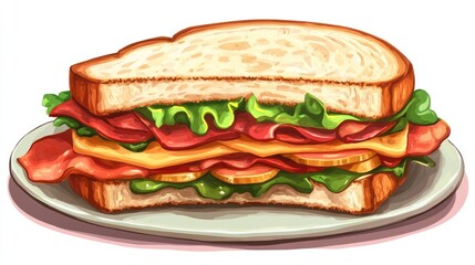 Epicure's Delight: Scrumptious Sandwich with Sliced Meats and Fresh Vegetables on a Plate