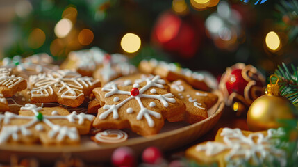 Decorated Christmas cookies on a tray with Christmas decorations, Close-up