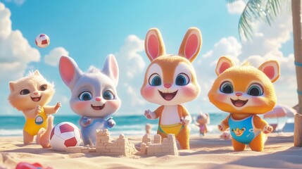 Naklejka premium Beach day fun with cute animals playing and relaxing