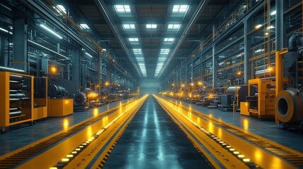 Fototapeta premium Industrial warehouse with machinery and illuminated pathways.