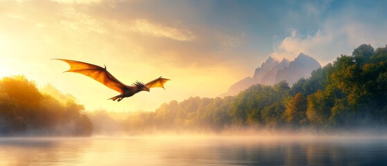 A dragon flying over a lake with mountains in the background