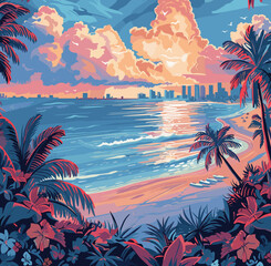 Painting of a beach with palm trees and a city in the background. The sky is cloudy and the water is calm