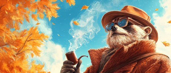 A raccoon wearing a hat and sunglasses holding a cup of coffee