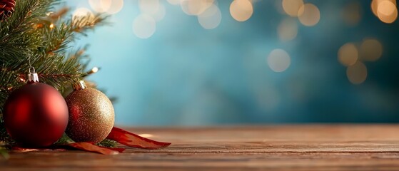 A christmas tree with two red and gold ornaments on a wooden table