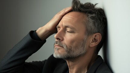 The middle-aged man rests his head against a wall, visibly distressed by a headache. He clutches his forehead with one hand, eyes closed, seeking relief from discomfort