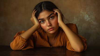 A young woman sits with her elbows on a table, resting her head in her hands. She appears deep in thought, possibly dealing with a headache, in a warm-toned environment