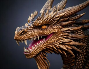 Golden dragon head roaring and showing teeth and claws, fantasy and mythology concept