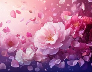 Beautiful pink and purple roses with falling petals create a dreamy and romantic atmosphere on a sparkling background