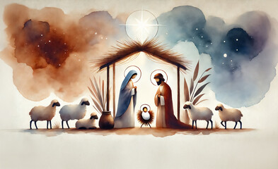 Nativity scene in Bethlehem. Watercolor painting. Christmas scene illustration showing holy family baby Jesus in the manger Joseph and Mary. Banner - copy space © melita
