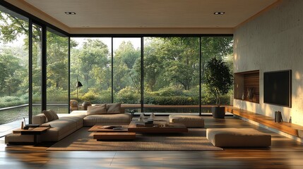 Fototapeta premium Modern living room with large windows overlooking lush greenery.