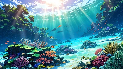 Beneath the surface, vibrant coral reefs thrive in a sunlit underwater paradise teeming with colorful marine life. Generative AI