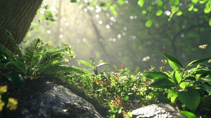 A low angle view of a lush forest floor with sunlight streaming through the trees, illuminating the green ferns and wildflowers.