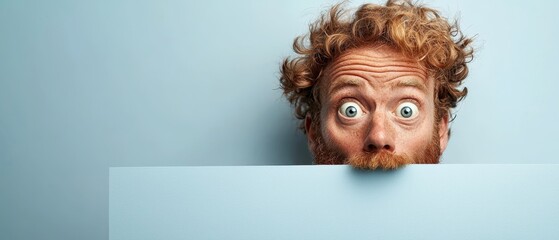 A man with curly hair and a beard peeking over a blank sign