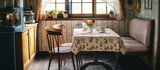 Rustic kitchen nook with a wooden table and chairs set with a floral tablecloth, coffee cups, flowers and a window.