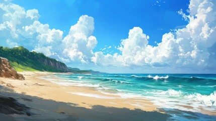 A scenic view of a tropical beach with white sand, turquoise water, and a lush green cliff in the background under a bright blue sky.