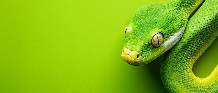 A green snake with yellow eyes on a green background