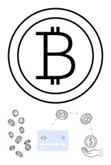 Bitcoin symbol above coins flying into a digital payment card, indicating funds transfer to a hand. Ideal for blockchain, fintech, e-commerce, cybersecurity, digital banking, online payments