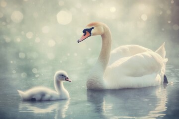 Rising sun over the graceful swans on tranquil waters