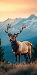 Fototapeta premium Majestic Elk in the Wilderness. Landscape with Rocky Mountains at Sunrise