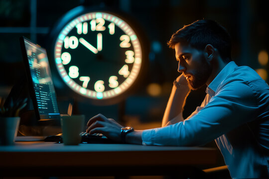 A man diligently works at a computer in a dark office while a large clock shows the late hour