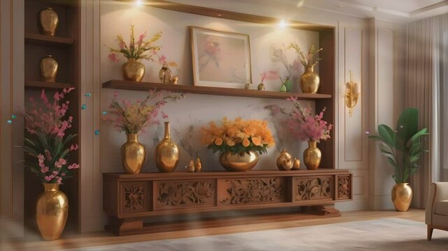 decorate the walls of the house with carved wooden sideboards and aesthetic wooden wall shelves decorated with flower vases