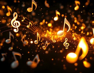 Glowing Metallic Silver and Gold Musical Notes with Light Waves on Black Background - Abstract Rhythm and Harmony