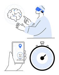 Man with AR headset interacting with digital brain hand holding smartphone with GPS and face detection stopwatch. Ideal for AR, AI, GPS, technology, innovation, time management, futurism. Line