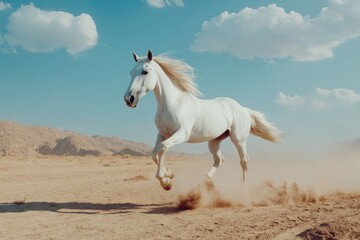 Majestic White Stallion Galloping Through the Desert Landscape