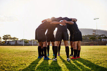 Rugby, team and discussion together for huddle, motivation and game field for match preparation. Sports, fitness and group of men outdoor with competition planning, club and practice with exercise