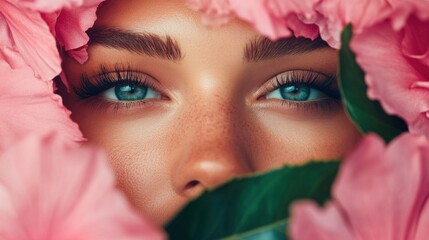 Bright blue eyes captivate as they peer out from lush pink flowers, creating a stunning contrast. The close-up captures the essence of youthful beauty and nature's vibrant colors