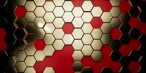 Gold hexagonal pattern on a red background with black accents, creating a vibrant and sophisticated...