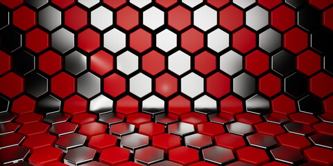 Bold red and silver hexagonal tiles in perspective against black background, forming a platform...