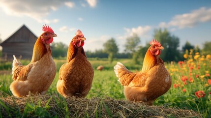 Three lively hens are perched on a straw bale in a colorful farmyard, surrounded by blooming flowers and a rustic wooden barn as the sun sets, casting a warm glow