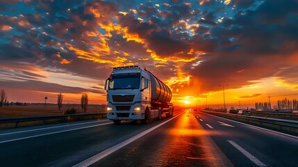 Obraz premium A powerful semi-truck driving on a highway at sunset, with dramatic skies and reflective roadways. Perfect for logistics, transportation, or travel-themed projects.