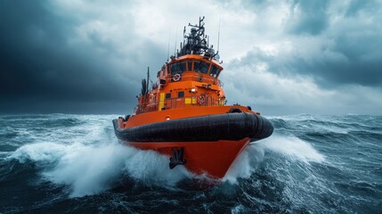 The orange tugboat battles against large waves while surrounded by dark, ominous clouds, demonstrating the strength and resilience of maritime crews during stormy conditions at sea