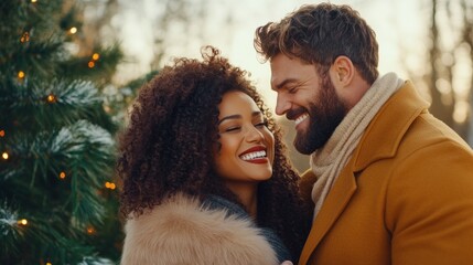 A happy couple enjoys a warm embrace outdoors, smiling and laughing together as they celebrate the festive atmosphere, surrounded by a beautifully decorated tree and winter scenery
