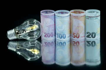 Increase in Electricity Prices. Macro detail shot of burning light bulb on representative Turkish lira.