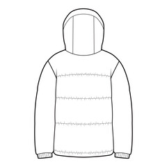 Front view of a hooded puffer jacket in black and white vector format, emphasizing quilted sections and minimalist design.  © HYDNSTUDIO