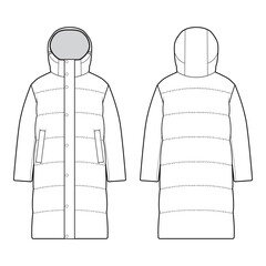 Front and back views of a long hooded puffer coat in black and white vector illustration, highlighting quilted texture and pockets.  © HYDNSTUDIO