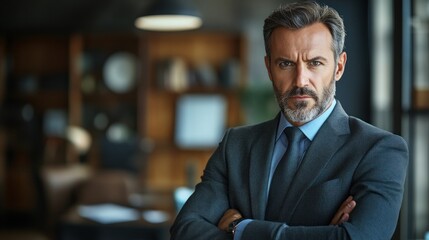 Fototapeta premium A confident man in a tailored suit stands with arms crossed in a chic office adorned with wooden furniture and bookshelves, blending professionalism with contemporary design